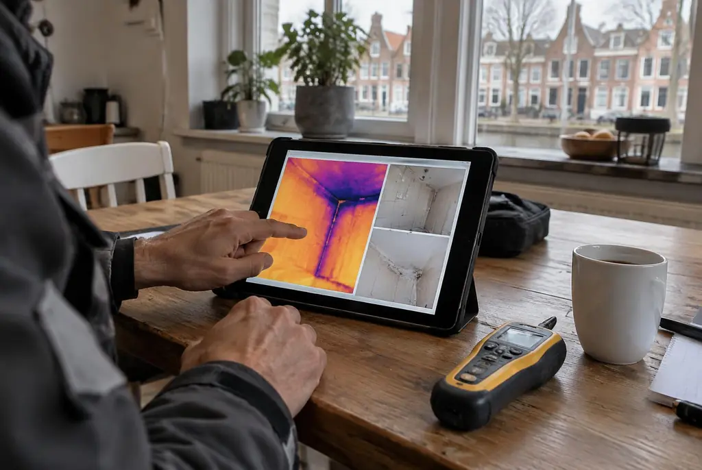 Lekdetectie Boxtel – lekdetectierapport met warmtebeelden en foto's op een tablet