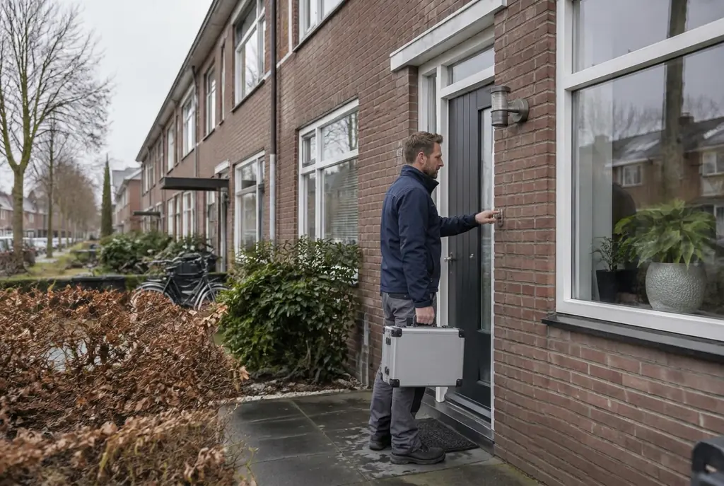 Lekdetectiespecialist met meetkoffer bij de voordeur van een woning in Boxtel